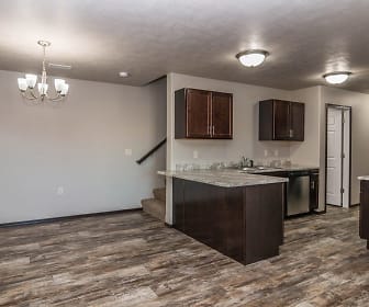 kitchen featuring a notable chandelier, dishwasher, dark brown cabinetry, light stone countertops, and dark hardwood flooring, Graystone Townhomes