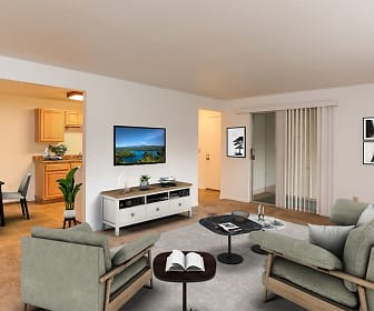 living room featuring baseboard radiator and TV, Henrietta Highlands