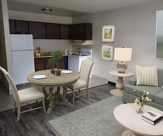 hardwood floored dining space with refrigerator and electric range oven, Windcrest Apartments