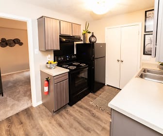 kitchen with refrigerator, electric range oven, fume extractor, light hardwood flooring, light stone countertops, and dark brown cabinets, Cedar Glen