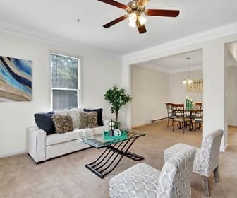 carpeted living room with ceiling fan with chandelier and natural light, Brandywine & Woodbridge