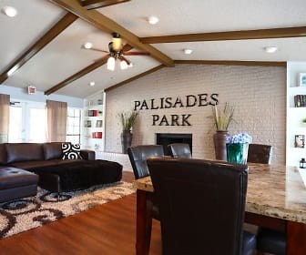 dining room featuring lofted ceiling with beams, a ceiling fan, and hardwood flooring, Palisades Park