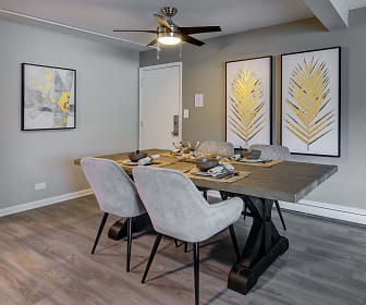 dining space with a ceiling fan and hardwood floors, Westmont Village Apartments
