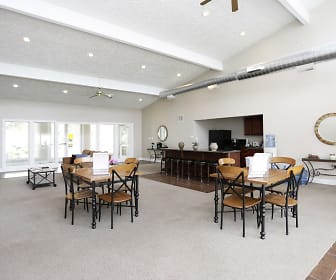 carpeted dining space featuring lofted ceiling, North River Landing Apartments