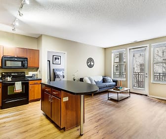 kitchen with a center island, natural light, TV, refrigerator, electric range oven, microwave, dark countertops, light hardwood floors, and brown cabinetry, Uptown Lake Apartments