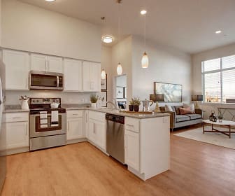 kitchen with natural light, electric range oven, stainless steel appliances, white cabinets, light granite-like countertops, pendant lighting, and light parquet floors, Ritz Classic