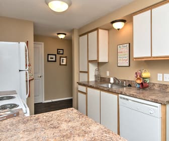 kitchen featuring refrigerator, dishwasher, fume extractor, dark stone countertops, white cabinetry, and dark hardwood floors, Willamette Park I & II