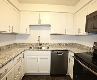 kitchen with electric range oven, stainless steel dishwasher, microwave, white cabinets, and dark parquet floors, Castlewood
