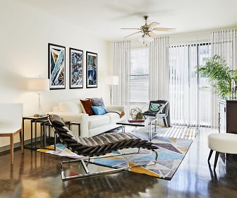 sitting room featuring a ceiling fan, hardwood floors, and a healthy amount of sunlight, Camden Design District