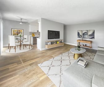 living room with a ceiling fan, hardwood floors, and TV, The Summit at La Crescenta