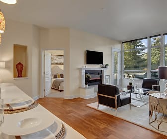 living room featuring a fireplace, vaulted ceiling, parquet floors, plenty of natural light, and TV, Woodin Creek Village