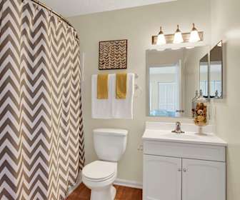 bathroom featuring oversized vanity, multiple mirrors, toilet, and shower curtain, Breezewood