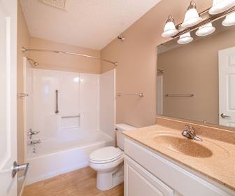 full bathroom with hardwood flooring, tub / shower combination, mirror, toilet, and vanity, Riva Ridge