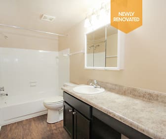 full bathroom with hardwood flooring, tub / shower combination, mirror, toilet, and vanity, Jamestown Village