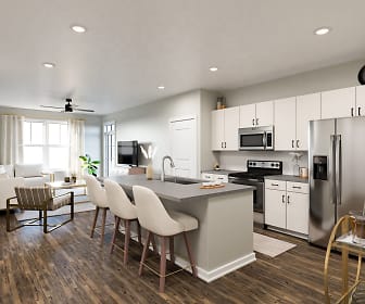 kitchen featuring a ceiling fan, natural light, stainless steel appliances, TV, range oven, dark parquet floors, light countertops, and white cabinetry, Meeder Flats by Watermark