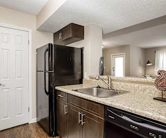 kitchen featuring plenty of natural light, refrigerator, dishwasher, dark brown cabinets, light stone countertops, and dark hardwood flooring, Tuscany Pointe at Somerset Apartment Homes