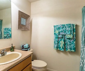 bathroom with shower curtain, mirror, toilet, and vanity, Angelo's Grove