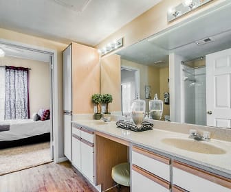 bathroom with natural light, hardwood flooring, dual bowl vanity, and mirror, Farnham Park Apartments