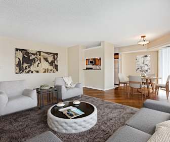 living room with hardwood floors and refrigerator, Elm Creek