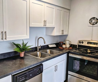 kitchen featuring stainless steel dishwasher, electric range oven, dark countertops, white cabinetry, and dark hardwood flooring, Somerset