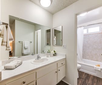 full bathroom with natural light, toilet, shower / washtub combination, vanity, shower curtain, and multiple mirrors, The Newporter Apartments