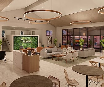 building lobby with hardwood flooring, a fireplace, natural light, and TV, The Avant at Pembroke Pines