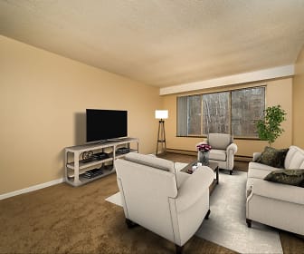 carpeted living room with vaulted ceiling and TV, Chesterwood Apartments