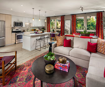living room featuring a wealth of natural light, stainless steel appliances, and range oven, Santa Clara Square