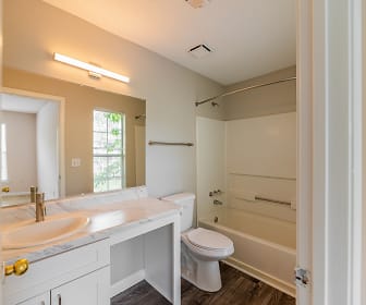full bathroom with hardwood flooring, natural light, mirror, toilet, shower / washtub combination, and vanity, Keswick Village