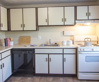 kitchen with electric range oven, refrigerator, dishwasher, fume extractor, dark tile flooring, white cabinets, and light countertops, Park Place of South Park