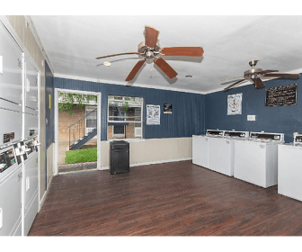 kitchen featuring a ceiling fan, dark countertops, white cabinets, and dark hardwood flooring, Embassy House