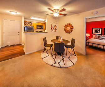 dining space with a ceiling fan, carpet, refrigerator, and microwave, Canal Square Apartments