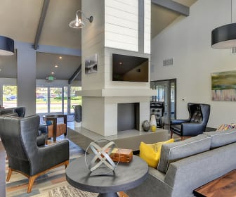 living room with a high ceiling, natural light, and TV, Addison Ranch