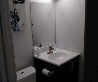 half bath featuring toilet, mirror, and oversized vanity, The Taylor