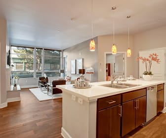kitchen featuring natural light, stainless steel dishwasher, dark brown cabinetry, light countertops, pendant lighting, an island with sink, and light parquet floors, Woodin Creek Village