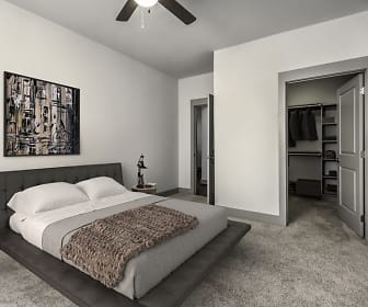 bedroom with a ceiling fan and carpet, Camden Southline Apartments
