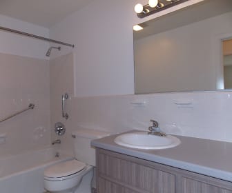 full bathroom featuring toilet, mirror, shower / washtub combination, and vanity, Captain Parker Arms