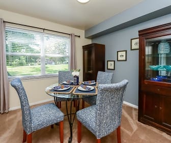 dining room with carpet, natural light, and beamed ceiling, Sherwood Village Apartment Homes