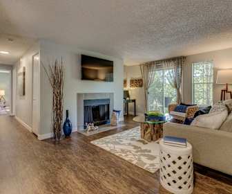 living room featuring parquet floors, a fireplace, and TV, Cedar Crest
