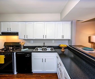 kitchen featuring exhaust hood, gas range oven, dishwasher, dark countertops, dark parquet floors, and white cabinetry, Nineteen North Apartments