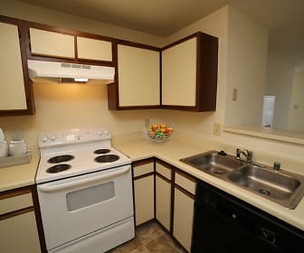 kitchen with electric range oven, dishwasher, fume extractor, white cabinetry, and dark tile floors, The Pointe at Stafford Apartment Homes
