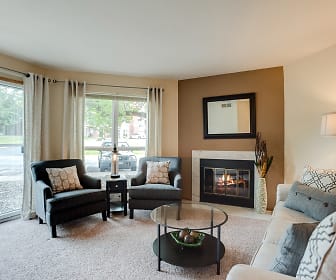 living room featuring carpet, plenty of natural light, and a fireplace, Tealwood Apartments