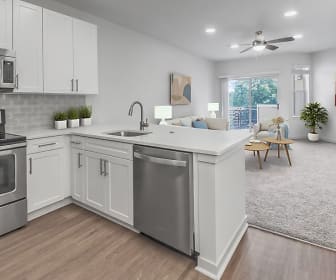 kitchen featuring natural light, a ceiling fan, stainless steel appliances, electric range oven, white cabinetry, light parquet floors, and light countertops, Camden Dilworth