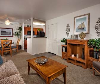 living room with carpet, a ceiling fan, refrigerator, and microwave, Evergreen Park