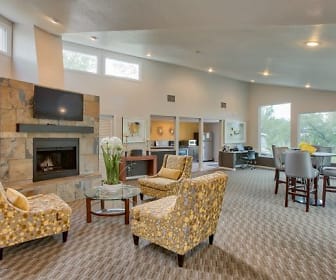 carpeted living room with a healthy amount of sunlight, a high ceiling, a fireplace, and TV, The Knolls at Sweetgrass