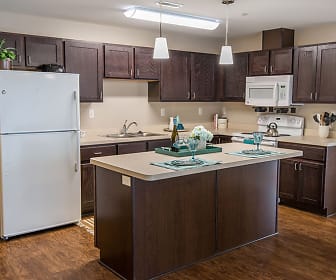 kitchen with refrigerator, electric range oven, microwave, dark brown cabinets, pendant lighting, dark hardwood flooring, and light countertops, Silver Lake Hills