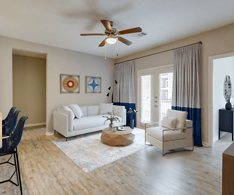 living room with a ceiling fan and hardwood floors, Forestwood Apartments