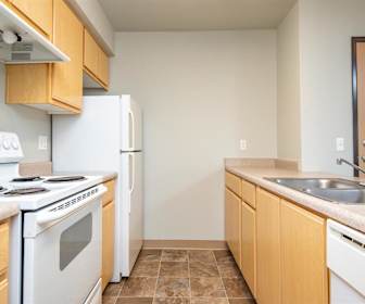 kitchen with ventilation hood, refrigerator, electric range oven, dishwasher, light brown cabinetry, light countertops, and dark tile floors, 707 Communities