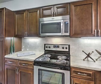 kitchen featuring dishwasher, electric range oven, stainless steel microwave, light granite-like countertops, and dark brown cabinets, Camden Fairview