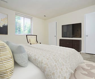 bedroom with carpet, natural light, and TV, Quail Hollow Apartment Homes